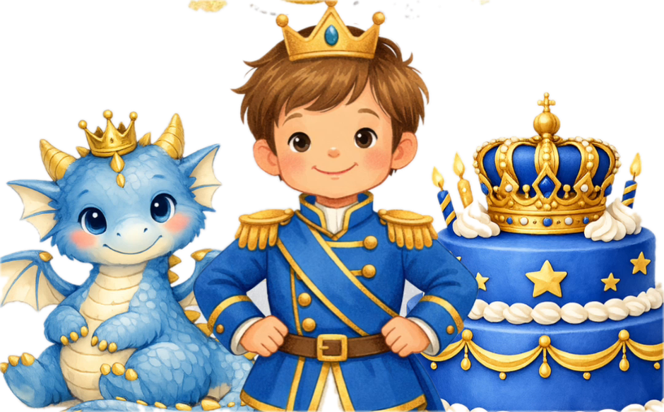 The little prince with his dragon and royal cake